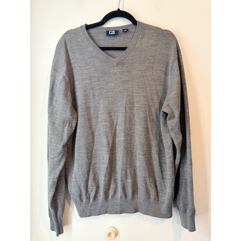 Cutter & Buck Merino Wool Blend V-Neck Sweater Men's Large Gray Long Sleeve